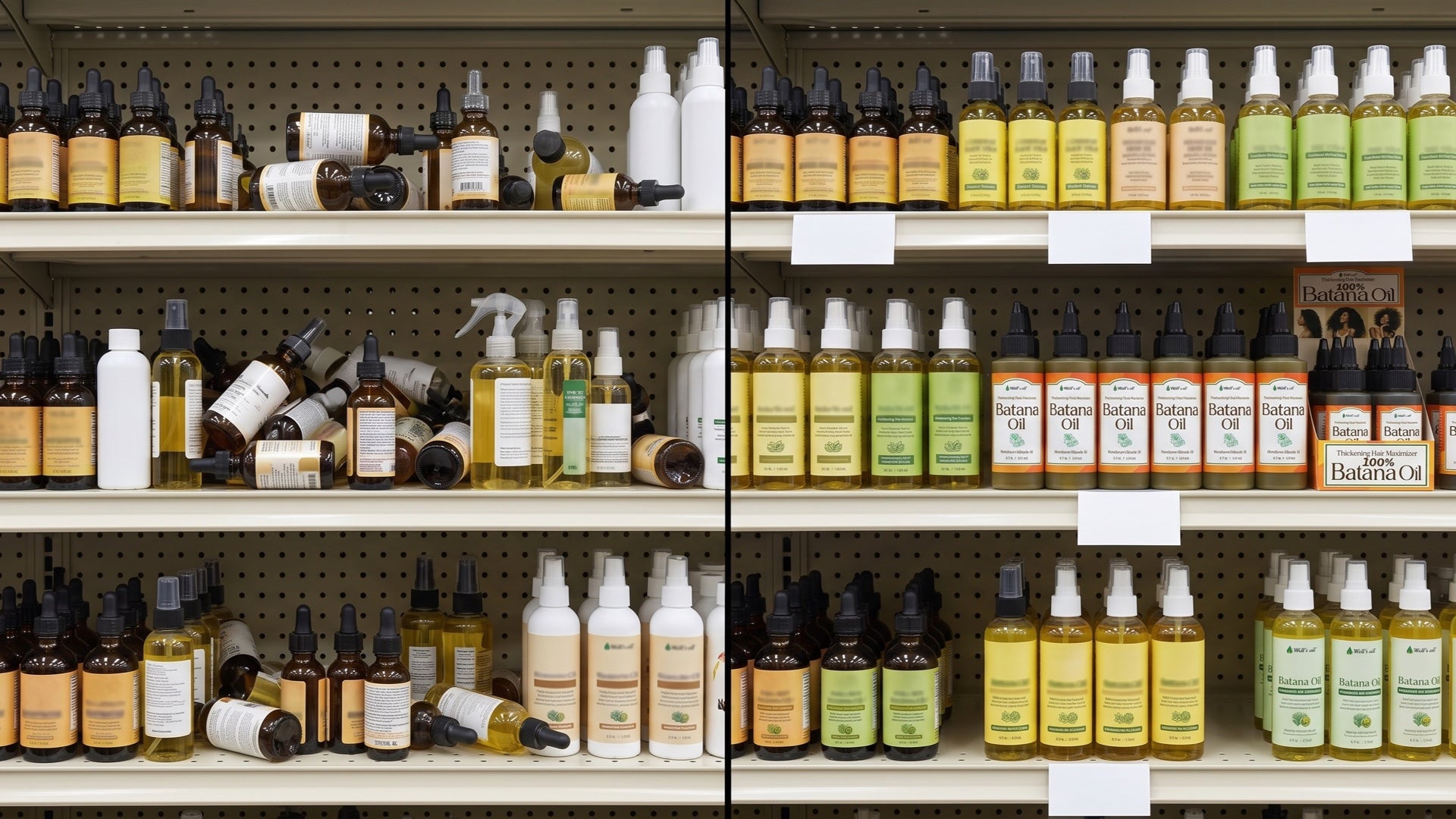 Before and after hair oil shelf planogram: cluttered brand-blocked shelf vs. customer-need zones featuring Well’s 100% Batana Oil