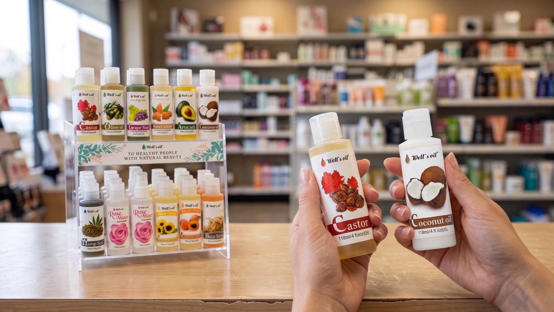 Shopper comparing Well’s Castor Oil and Well’s Coconut Oil from a 12-Kinds pure natural oil display
