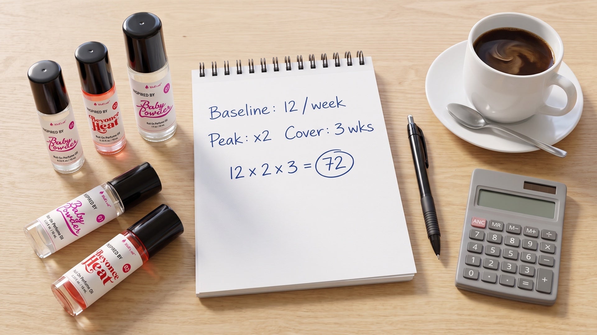Notepad showing holiday order-depth math 12 x 2 x 3 = 72 next to Well's oil perfume body oil roll-ons and a calculator